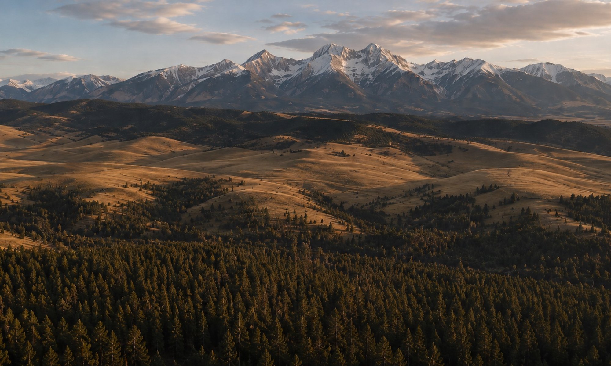 Snow-capped Colorado mountains rising above rolling grassland and pine forest
