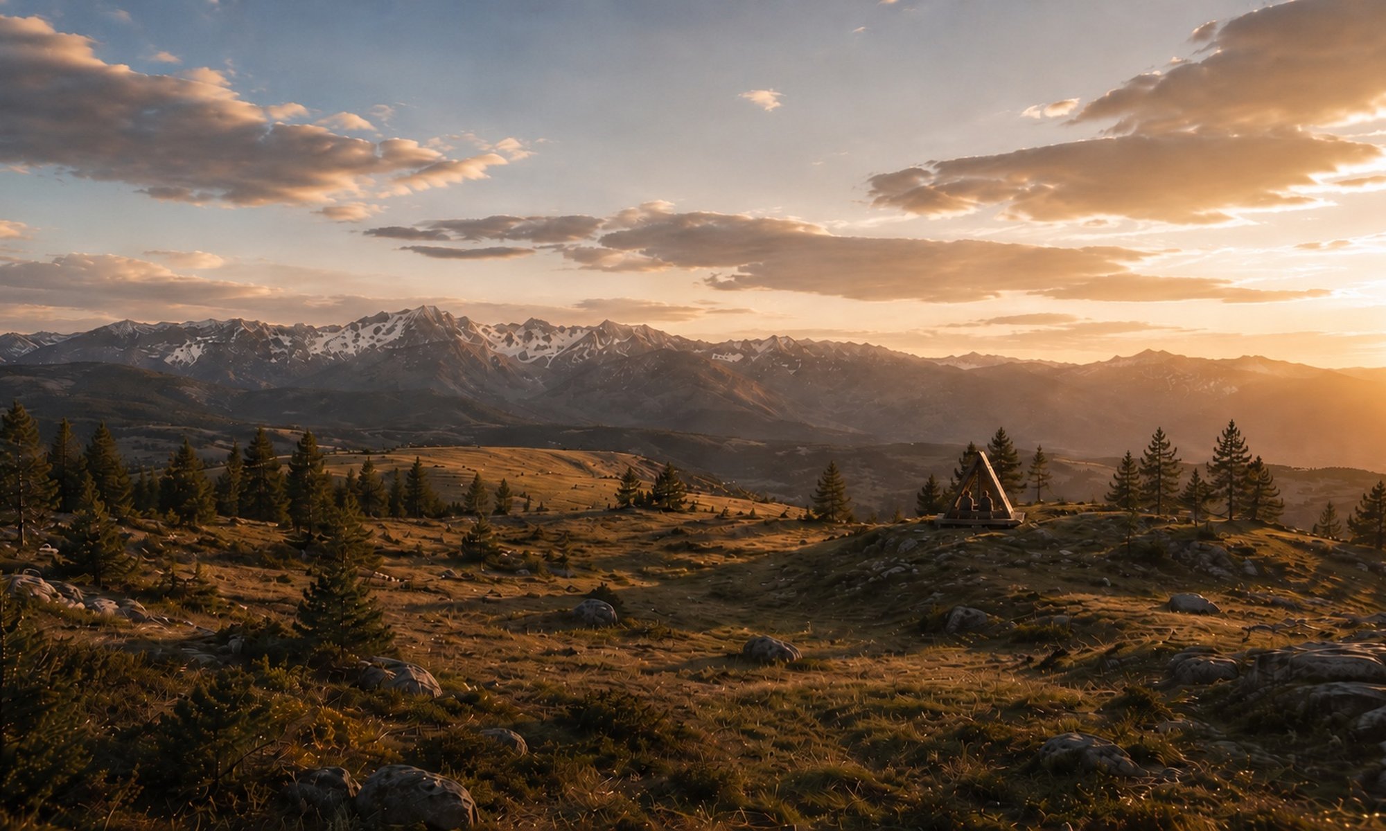 A small A-frame shelter on a golden ridge at sunset, snow-capped peaks along the horizon