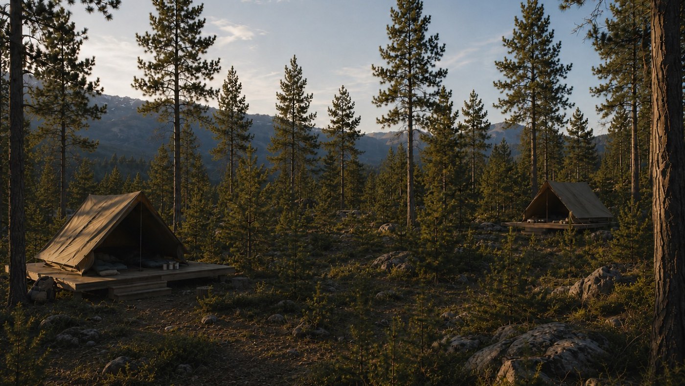 Canvas tents on wood decks through a pine forest at dusk, a small bathhouse glowing between them