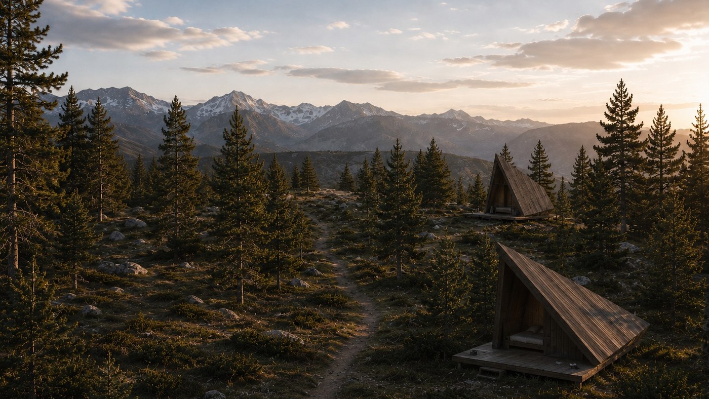 Three wooden A-frame huts along a path at sunset, snowy peaks on the horizon
