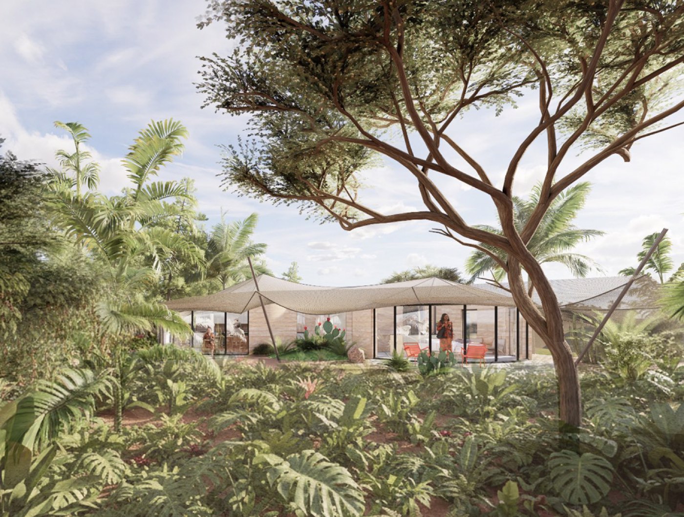 A jungle cabin with a light tensile canopy roof surrounded by tropical greenery in Nosara