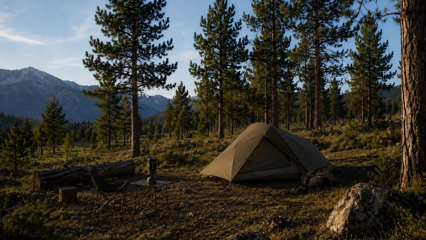 A backpacking tent, camp chair, and small stove among tall pines at dusk, mountains beyond